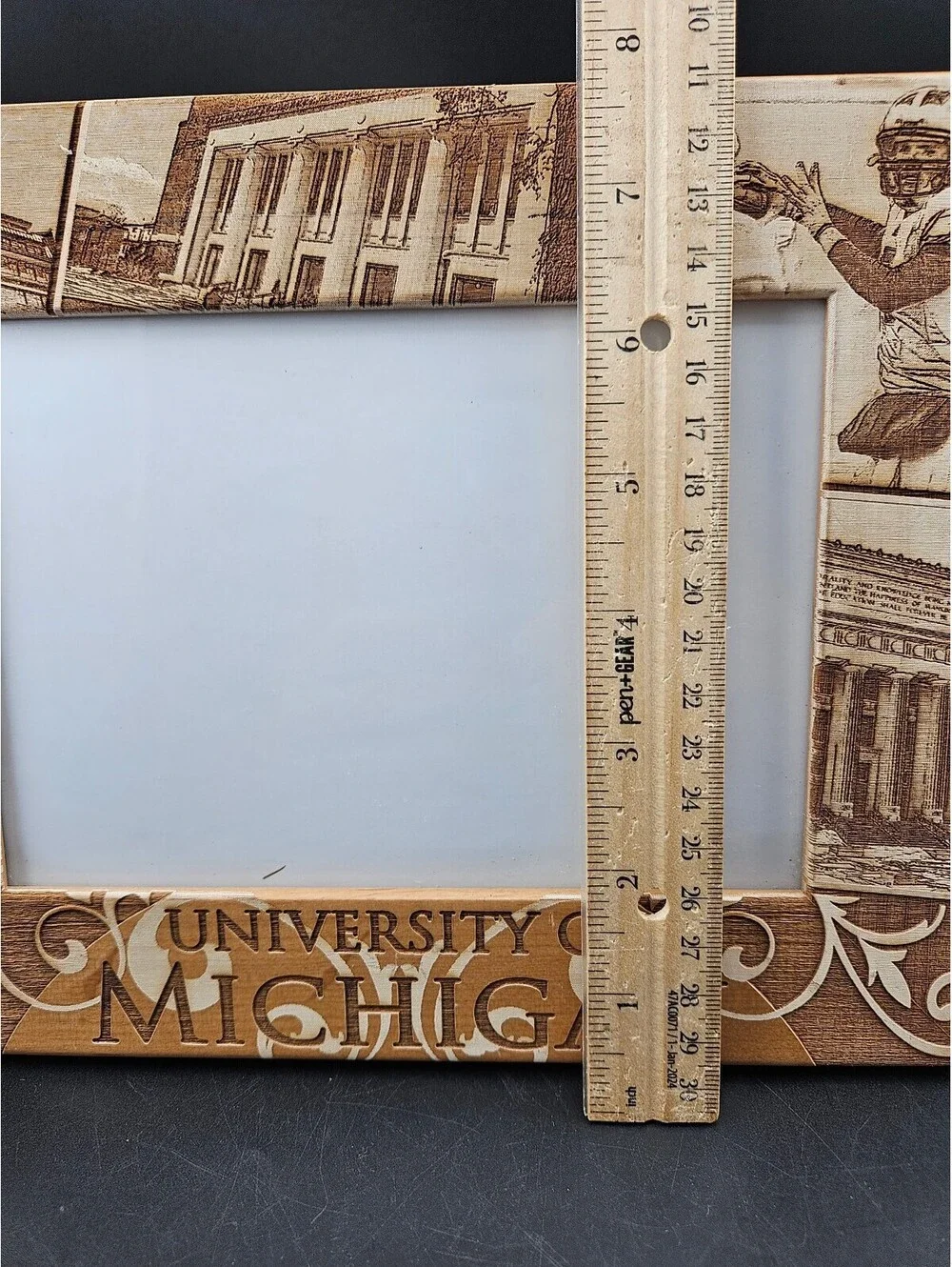 University of Michigan Wooden Photo Frame with Campus and Football Engraved 9x7